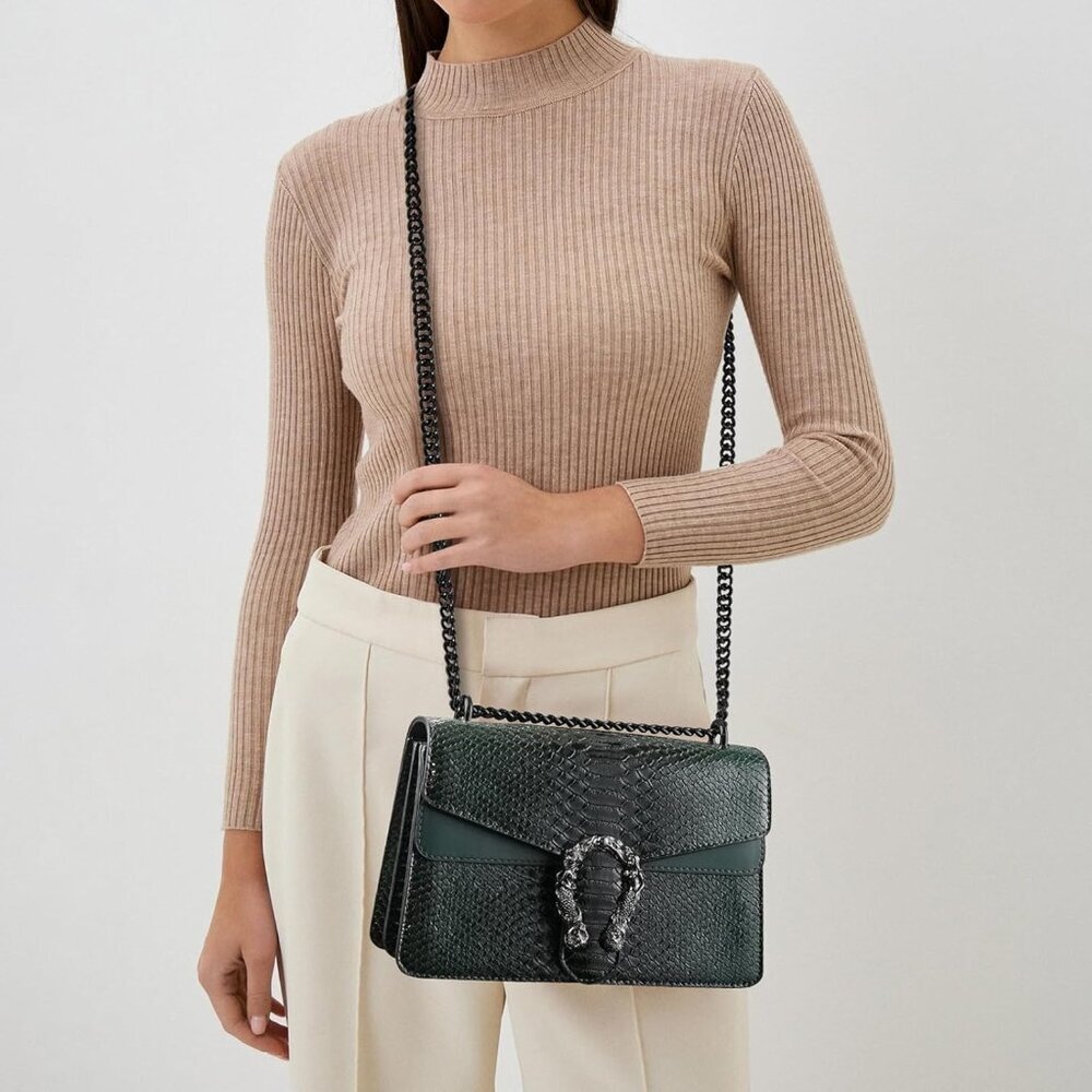 ⚡ Women's Dark Green Snake Vegan Leather Print Casual Satchel Crossbody Handbag